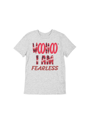 Heather Gray Unisex T-shirt featuring the text 'WooHoo I Am Fearless' in a cool camouflage font, designed by WooHoo Apparel.